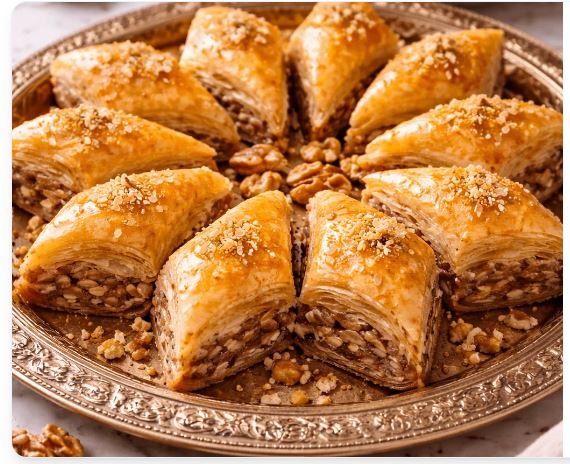 Golden baklava arranged on an ornate silver tray, with walnut crumble, Baklava by Rifka