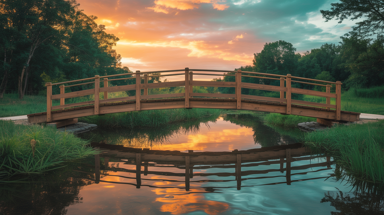 A bridge connecting two worlds at sunset