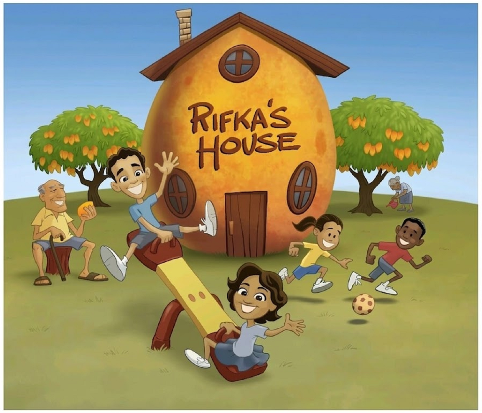Cartoon illustration of Rifka's House, children and elders together on a mango farm village