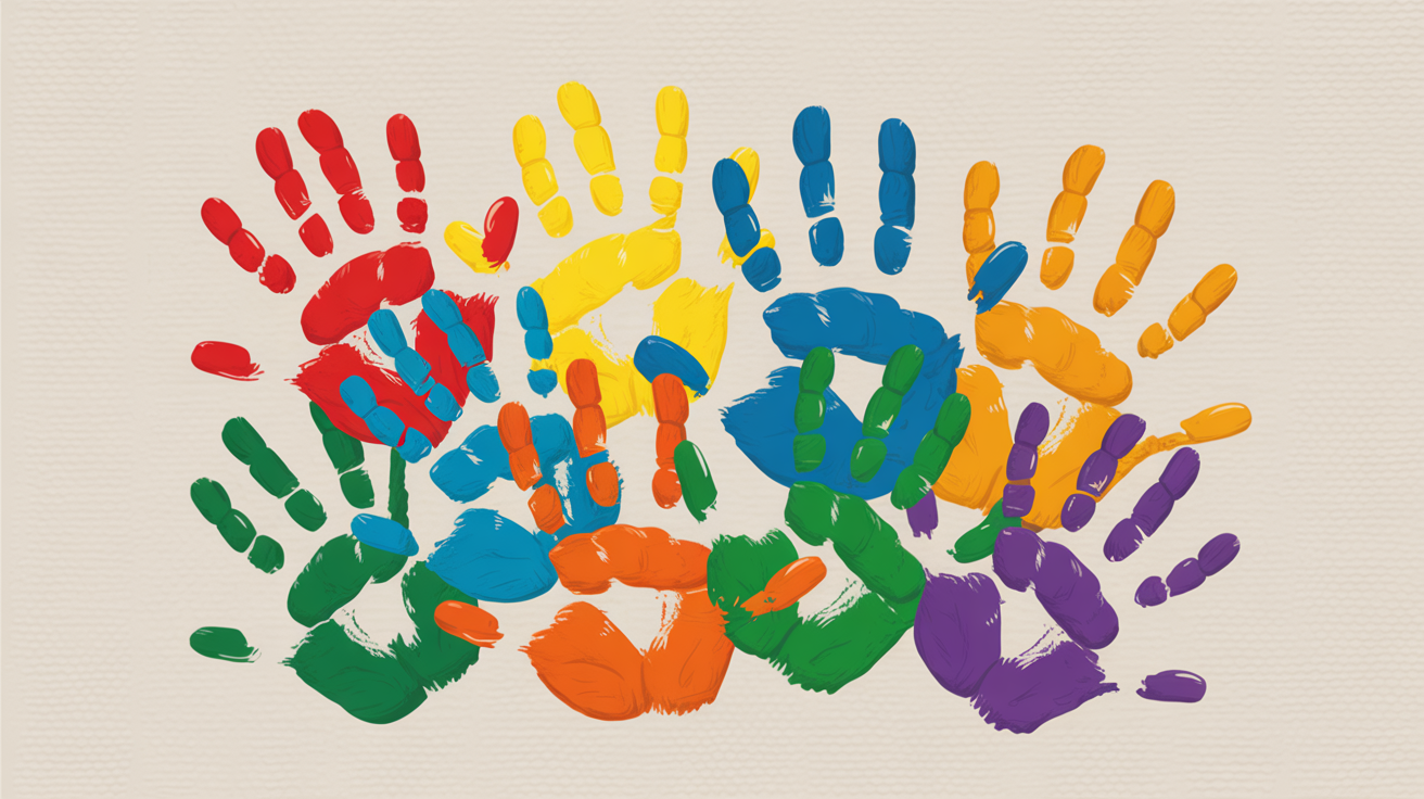 Colorful painted child handprints on canvas representing joy and creativity