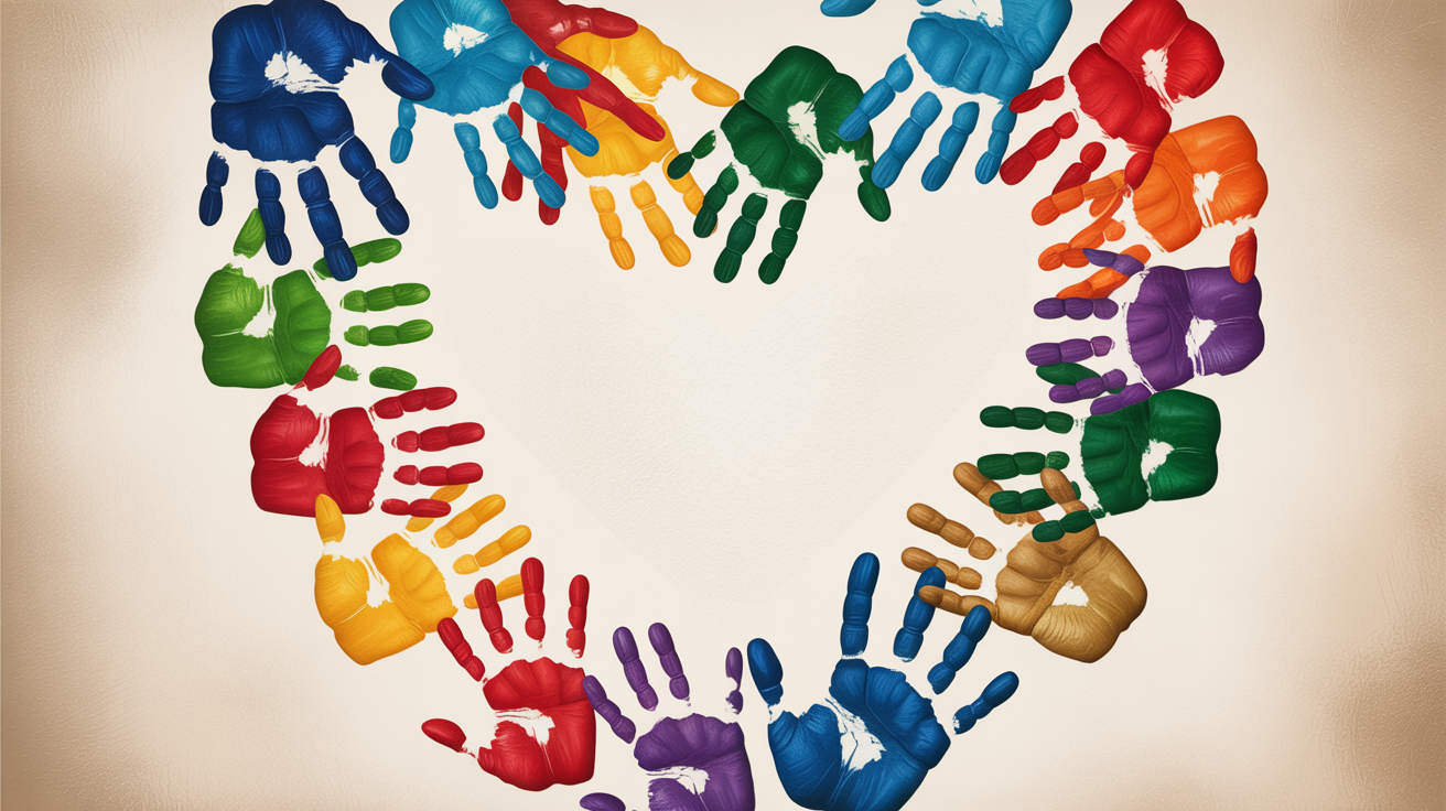 Rainbow of painted handprints forming a community circle on canvas
