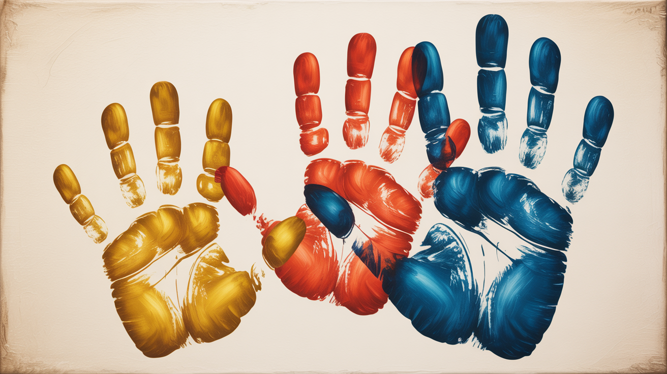 Painted handprints of children and elders together on canvas, symbolizing intergenerational connection