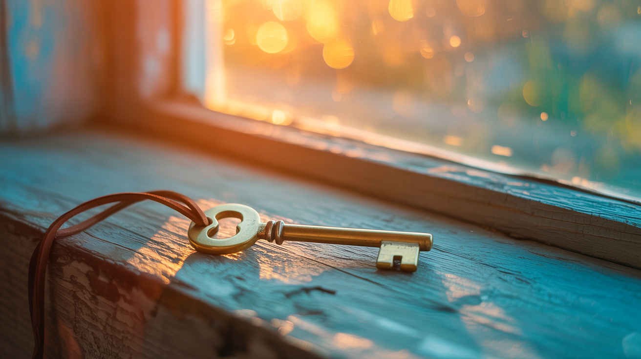 A brass key on a windowsill